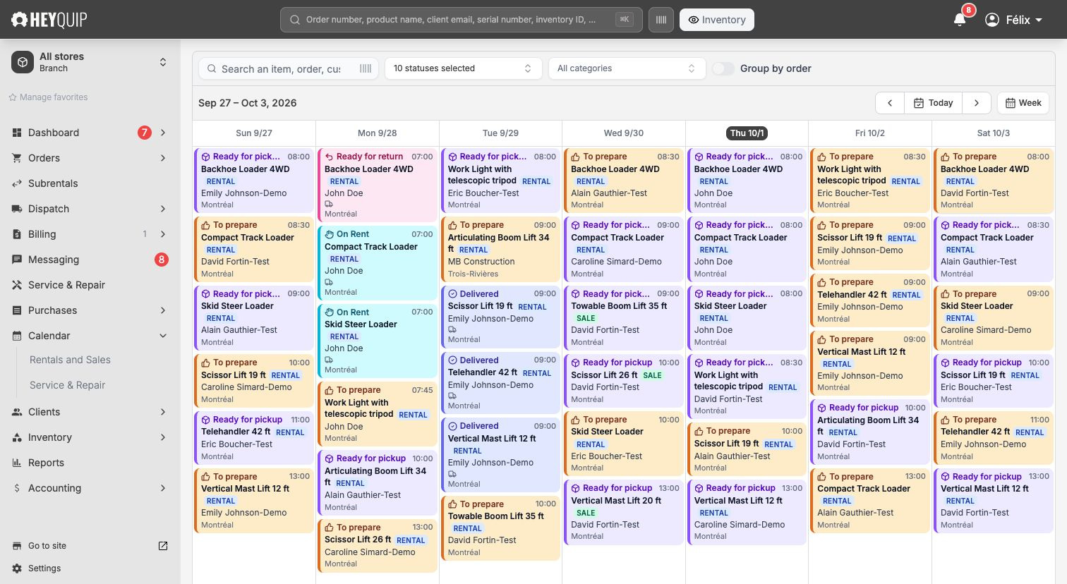 Rentals and sales, with order details beside the calendar.